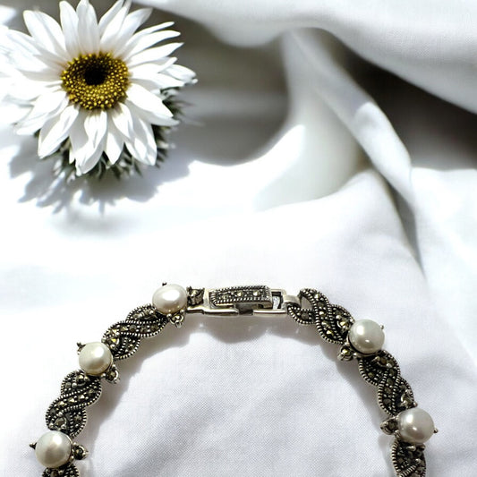 Vintage Pearl Marcasite Silver Bracelet