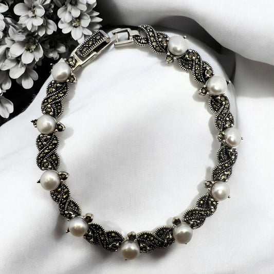 Vintage Pearl Marcasite Silver Bracelet