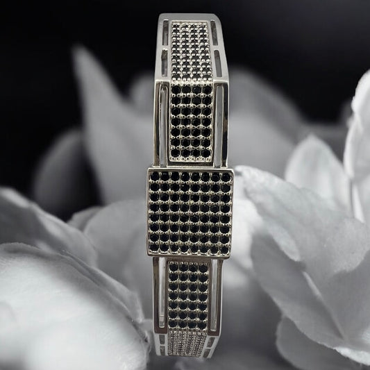 Anoir Grid Cuff – Black Stone Silver Statement Bracelet (Unisex)