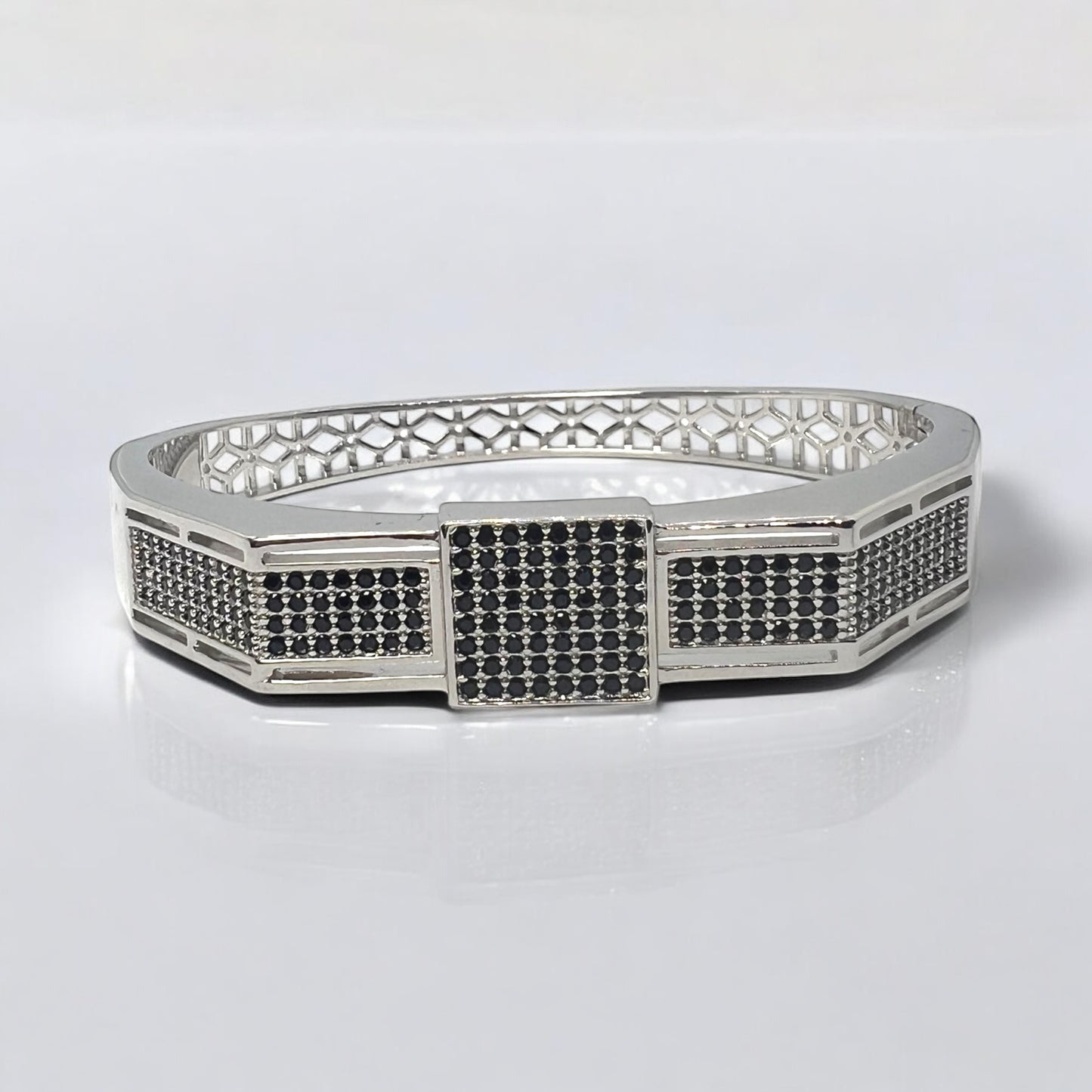 Anoir Grid Cuff – Black Stone Silver Statement Bracelet (Unisex)